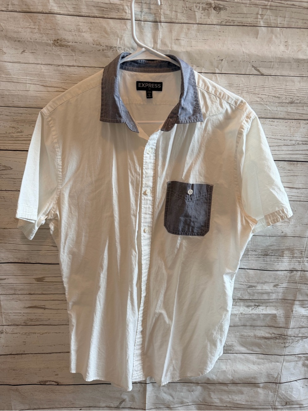 Express Men’s Short Sleeve Button-Up Shirt - White with Gray Contrast